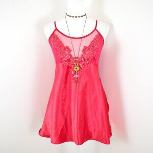 VTG 90s Y2K Cinema Etoile Red Satin & Mesh Bust Floral Lace Babydoll Slip Top